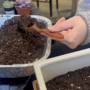 Angela using a scooper to transfer fresh dirt to her garden bed